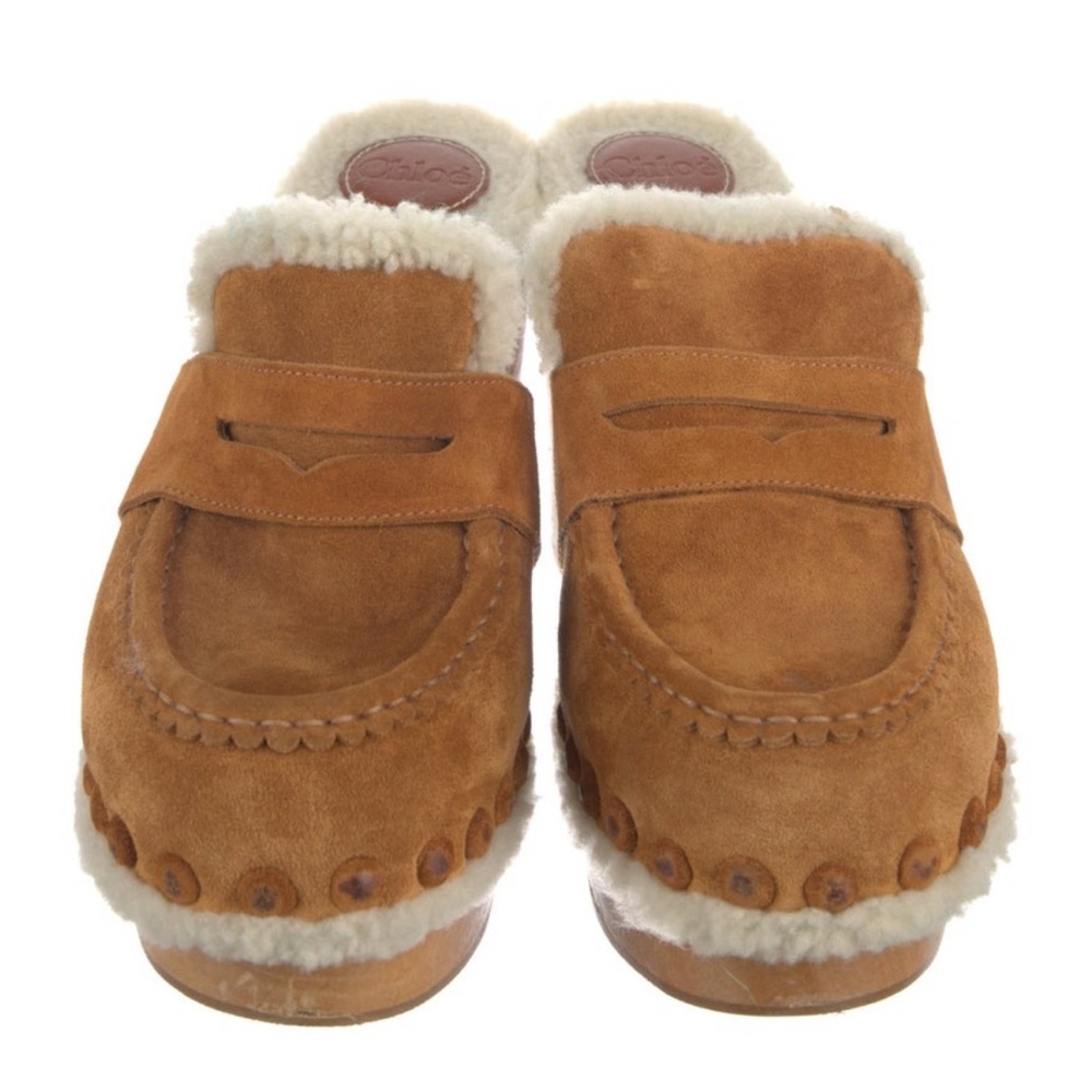 Chloe Tan Suede Shearling-Trim Clog Mules - Picture 3 of 5